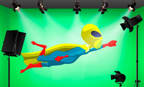 Un alieno vestito da Superman vola nella tipica posa con braccio in avanti in uno studio Green Screen, lo sfondo cambia e diventa un paesaggio marziano