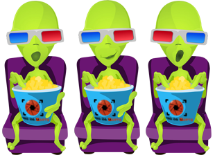 Tre alieni seduti al cinema indossano occhiali 3D e mangiano popcorn da contenitori con il logo di Video da Marte