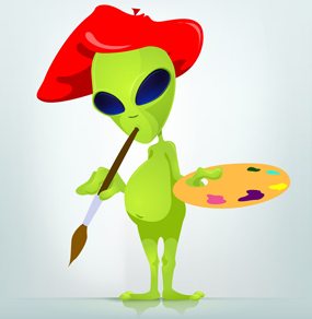 Un'aliena pittrice con tipico cappello alla francese, pennello e tavolozza